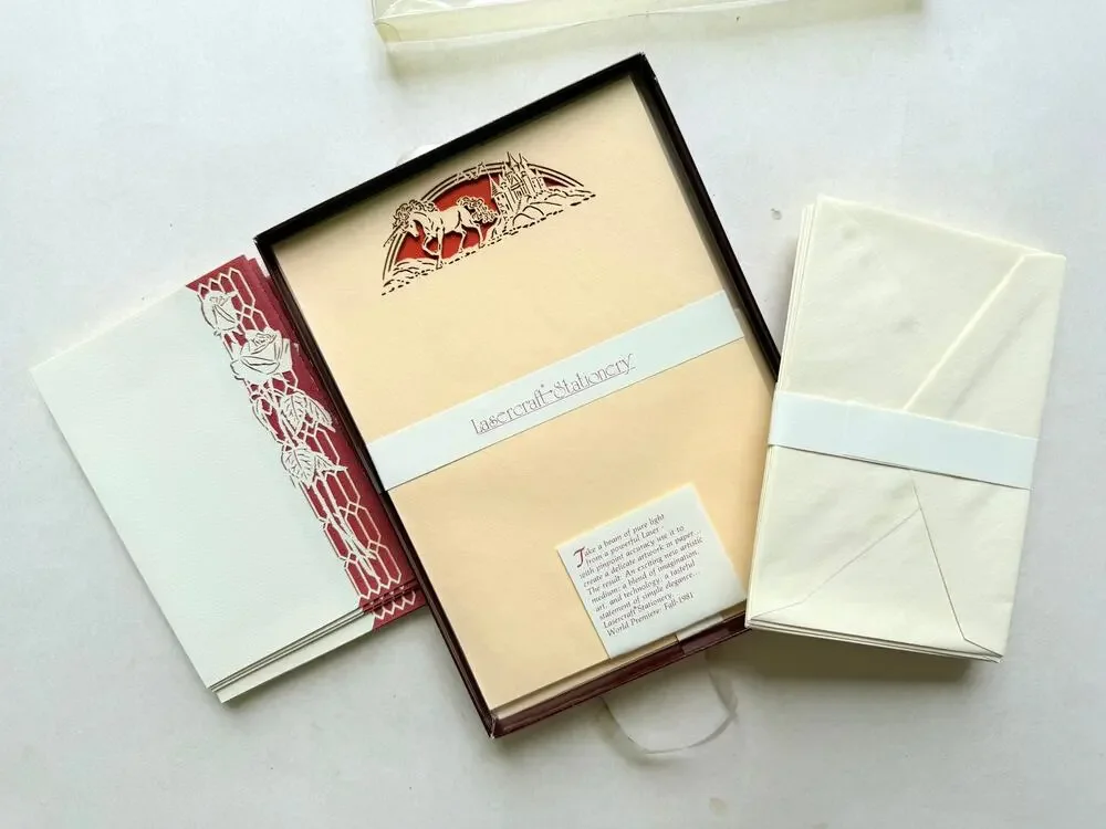 Vintage Lasercraft Stationery Unicorn Castle Rose Laser Cut Set 1981 Boxed NIB